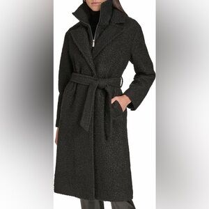 NWT Calvin Klein Black Faux Shearling Boucle Belted Over Coat With Zip Bib Sz M